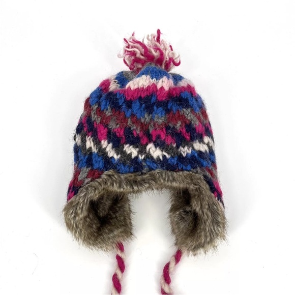 American Eagle Trapper Hat Pink Blue Wool Alpaca Knit Faux Fur Lined Tassels - Picture 5 of 12